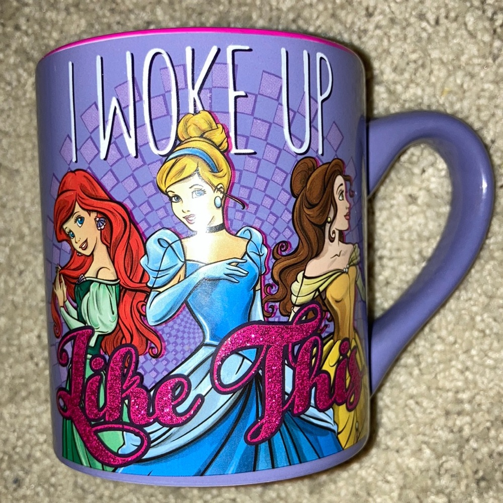 NWOT Disney Princess Belle Ariel Cinderella I woke up like this pink glitter mug